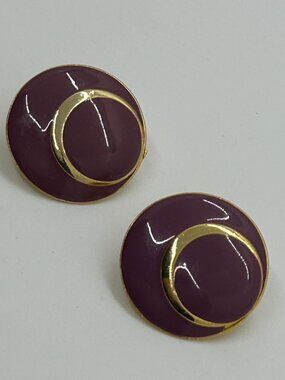 Vintage 1980s Mauve Purple Enamel & Gold Tone Round Clip-On Earrings